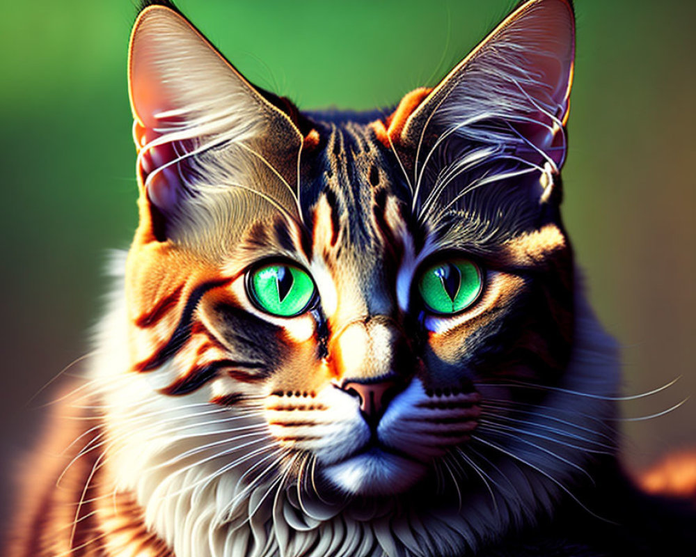 Close-up of cat with vivid green eyes and striped fur in warm light