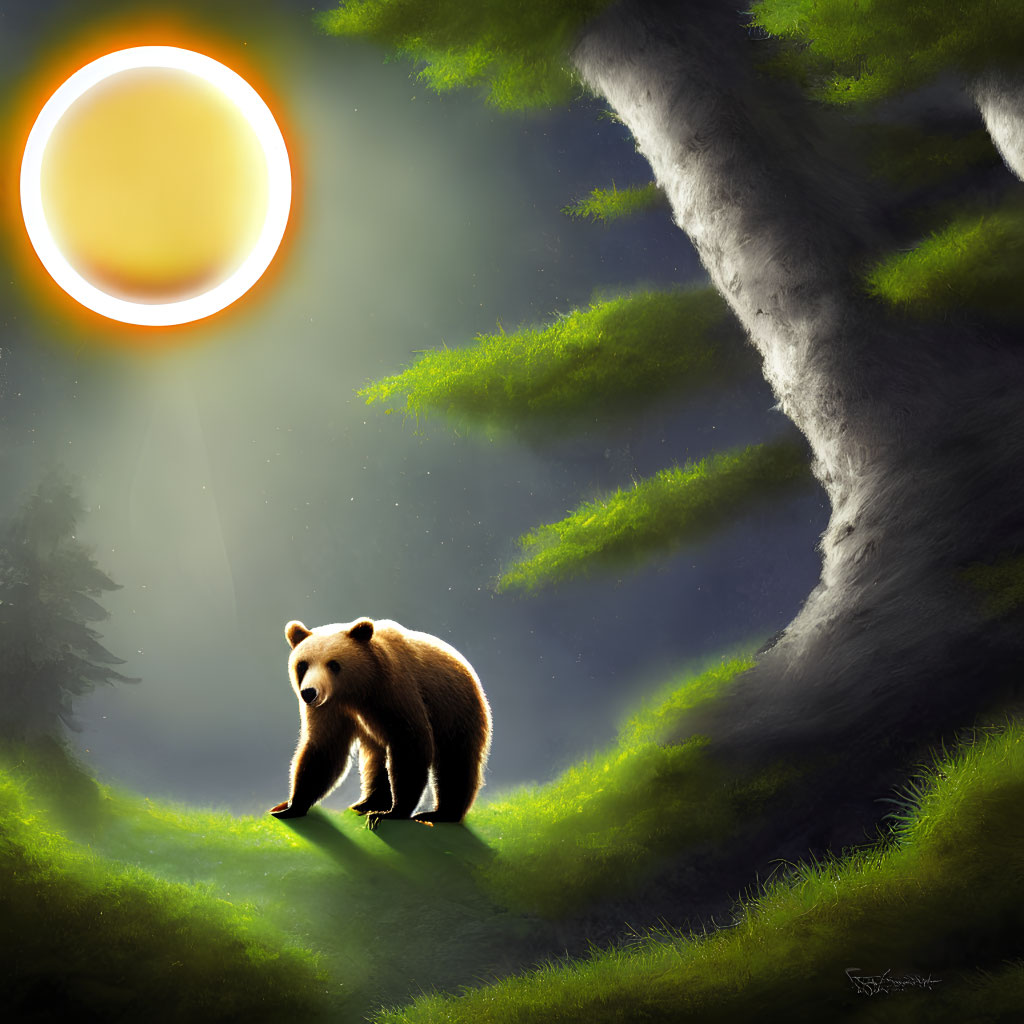 Bear in mystical forest clearing under glowing sun