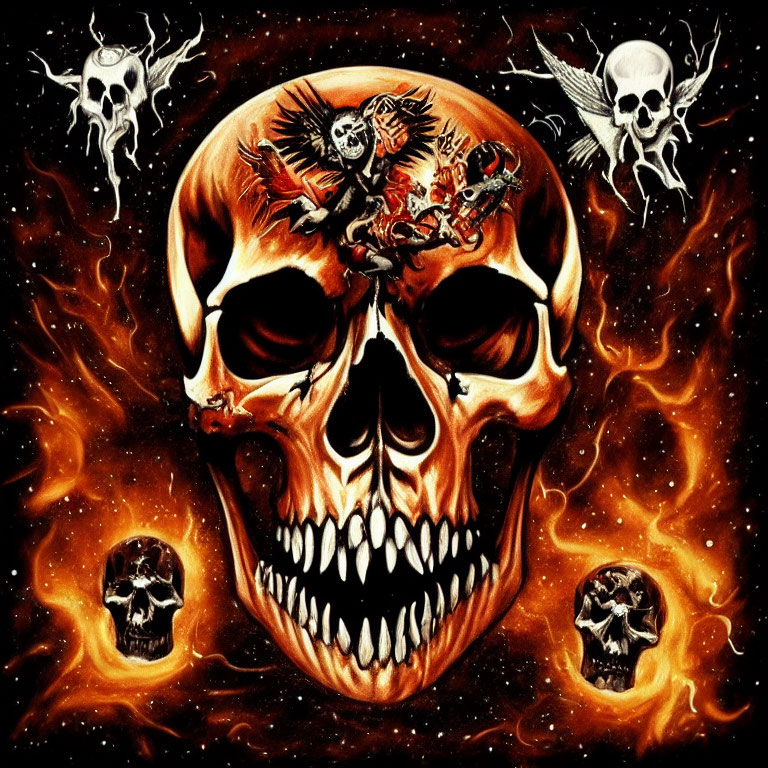 Surreal fiery illustration with central skull, smaller skulls, skeletal figure, serpent creature, flames,