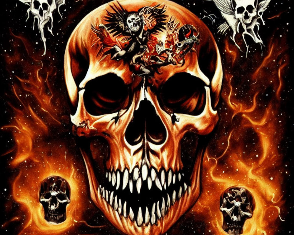 Surreal fiery illustration with central skull, smaller skulls, skeletal figure, serpent creature, flames,