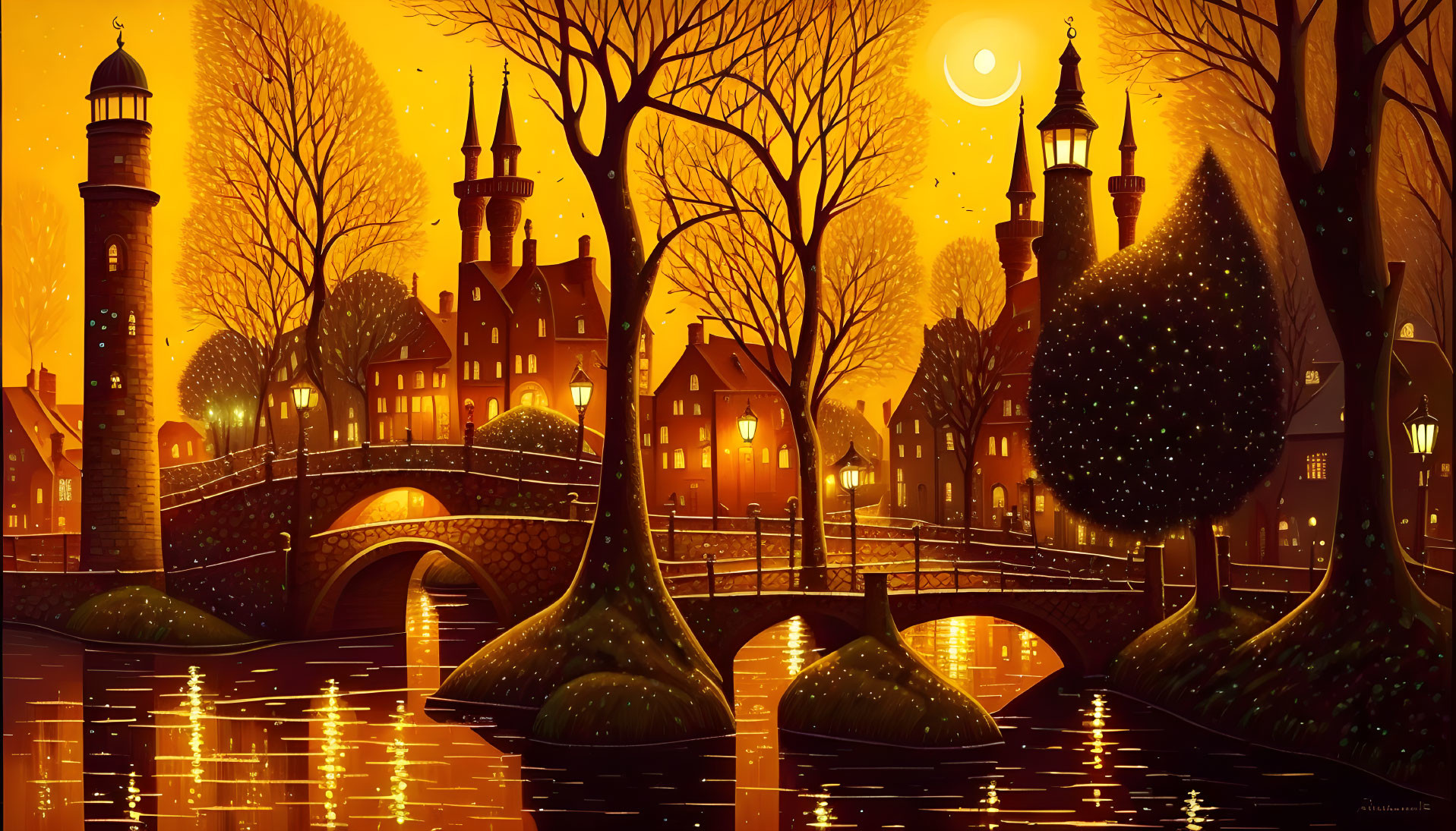 Golden-hued autumn evening scene with canal, bridges, lighthouses, and charming buildings under moon