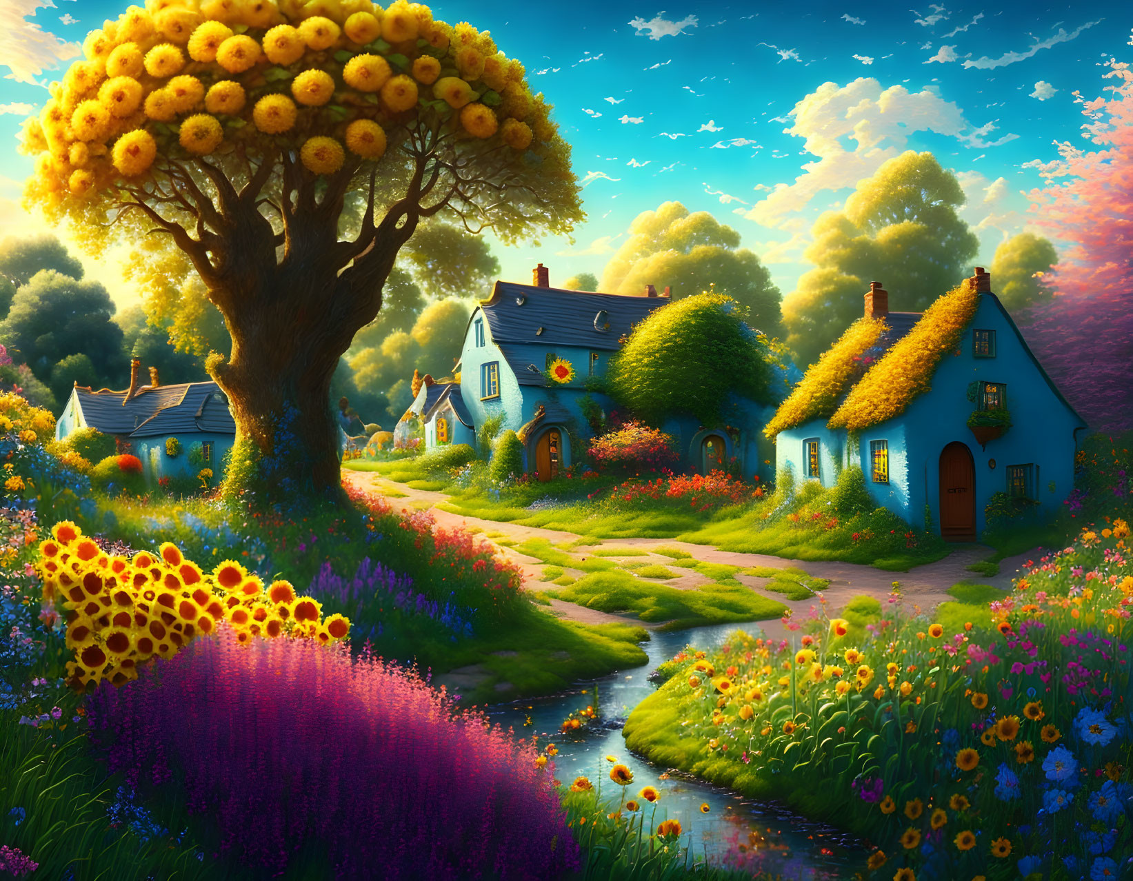 Colorful illustration of whimsical village with cottages, gardens, cobblestone path, and sunset