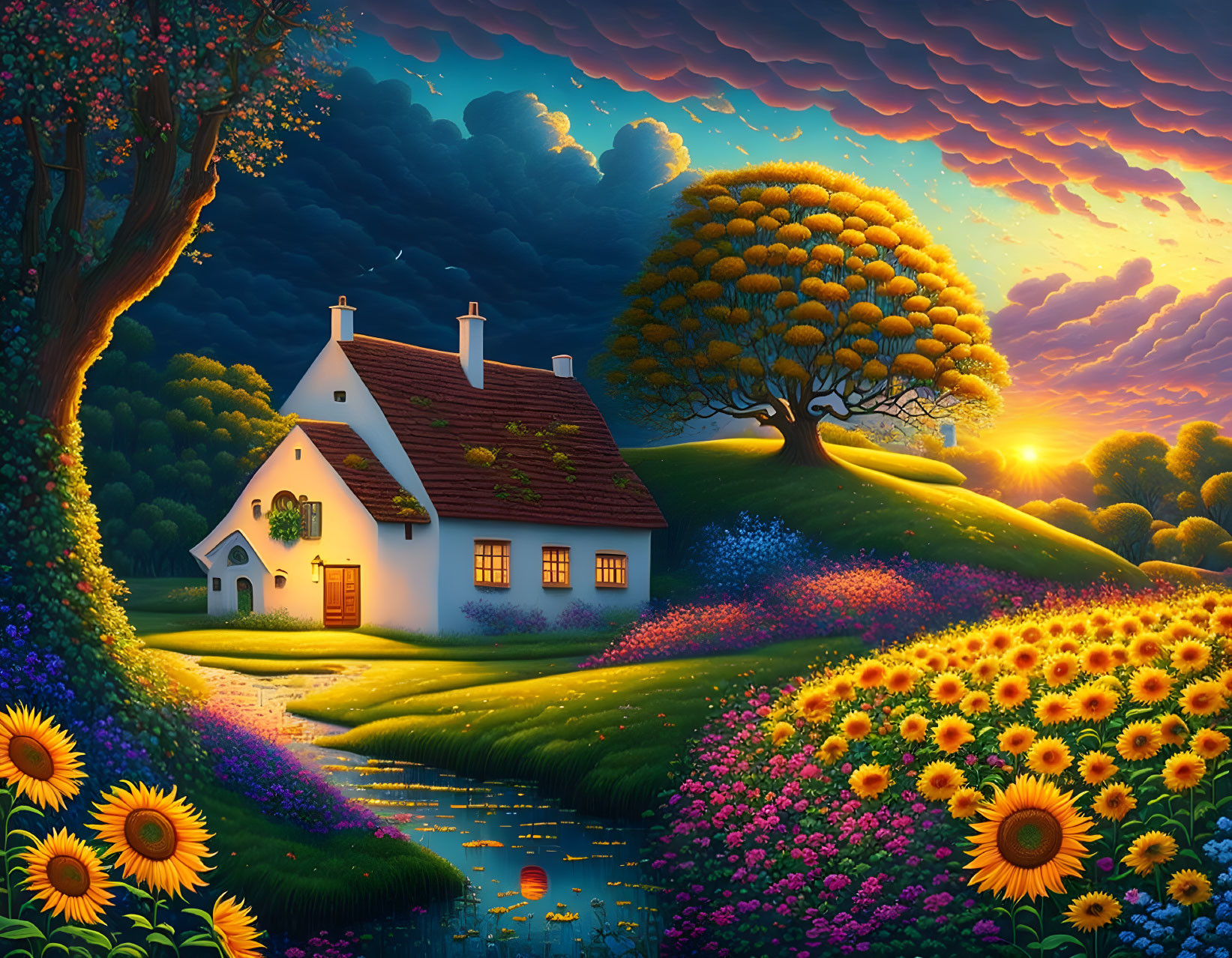 Thatched roof cottage by river with vibrant flowers under sunset sky