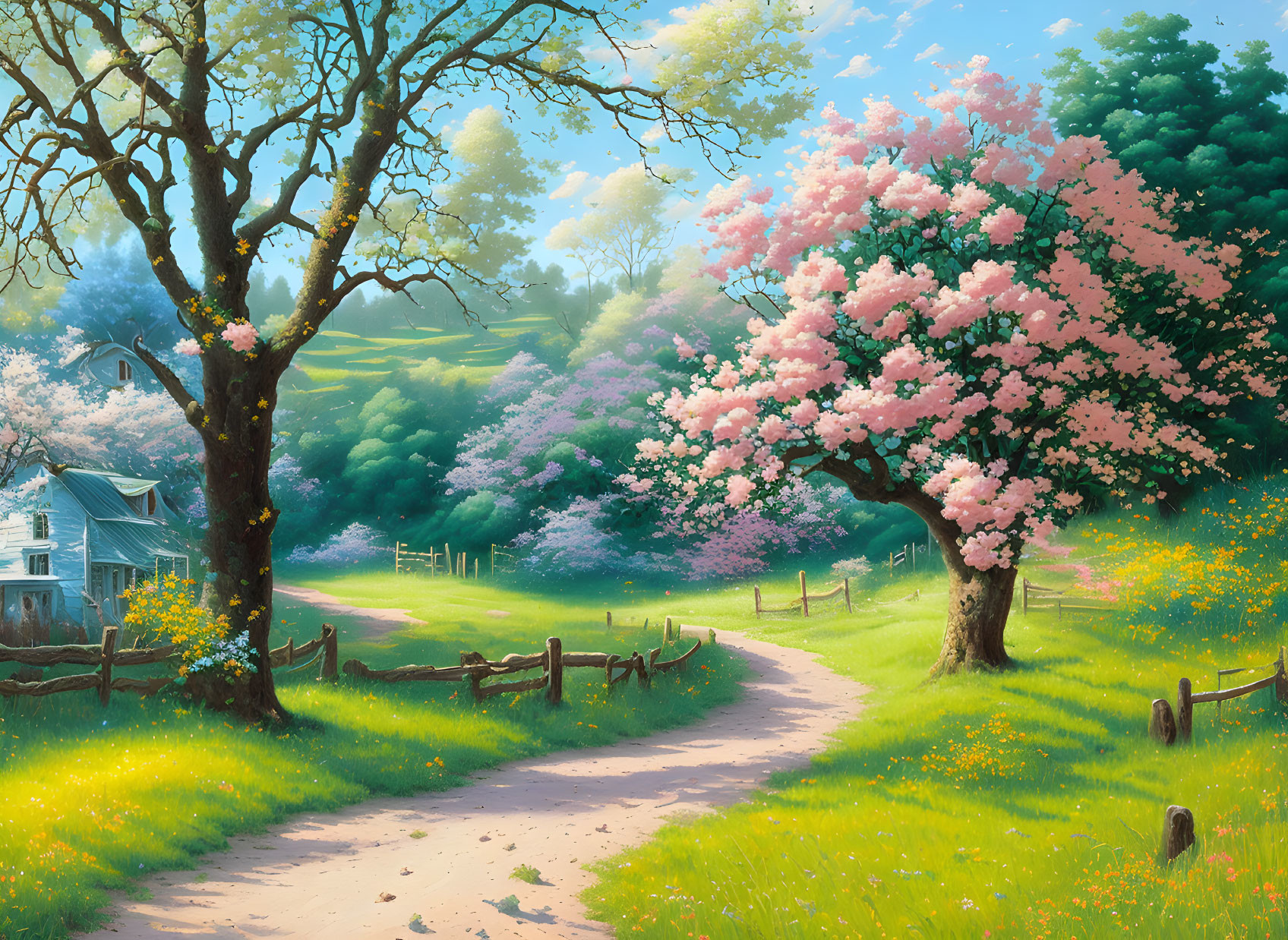Blossoming trees and quaint house in vibrant countryside