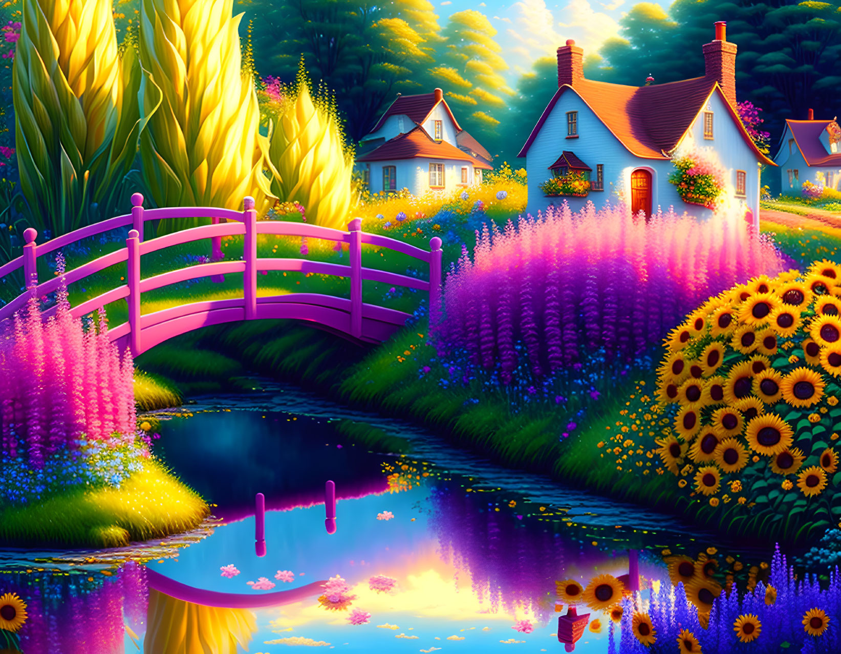 Colorful Fantasy Landscape with River, Cottage, Flora, Bridge, Sunflowers