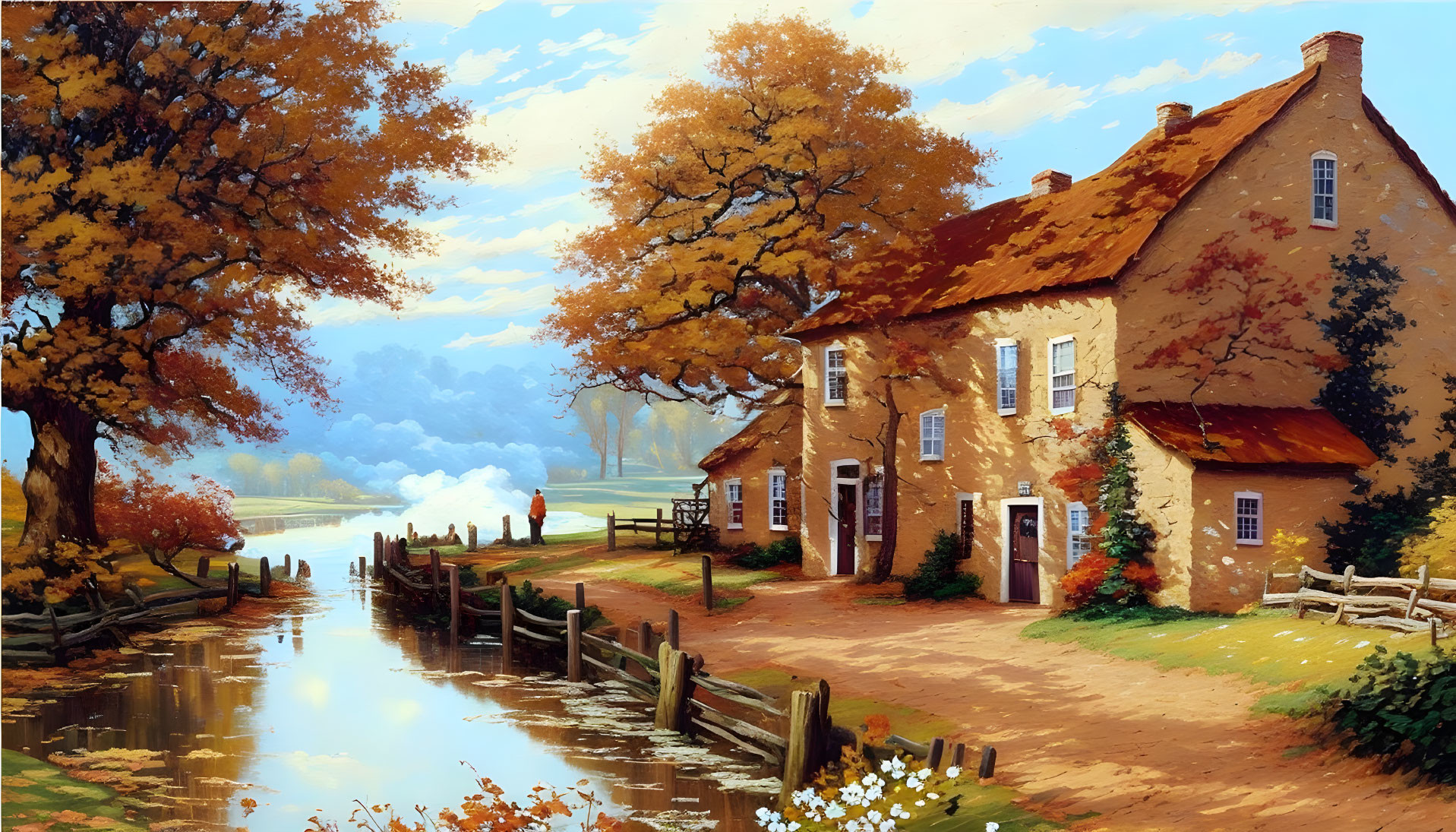 Brick cottage by reflective waterway in autumn landscape