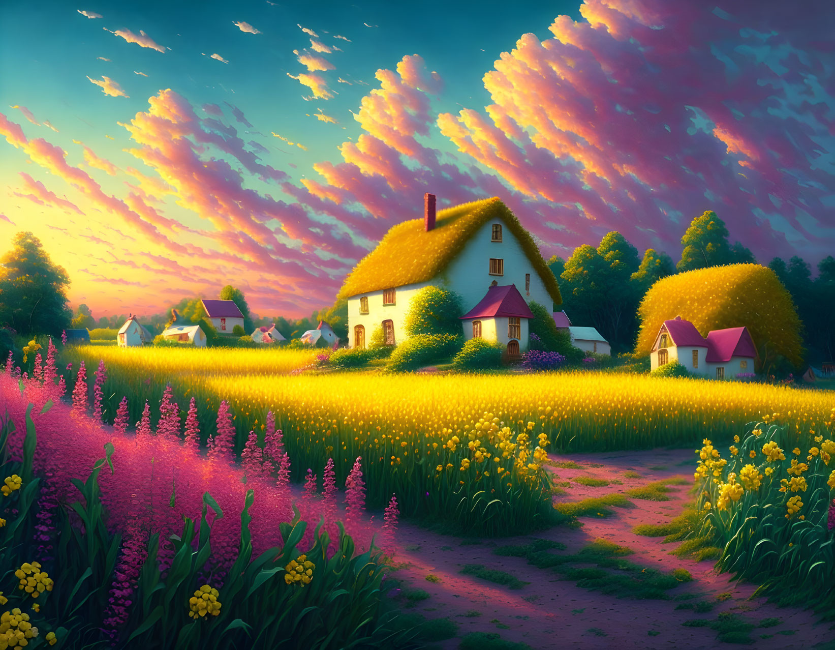 Vibrant flower fields and quaint cottage under pink sunset sky