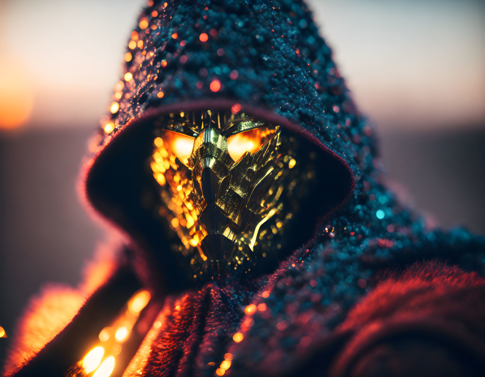 Hooded figure with golden mechanical mask in dew-speckled cloak