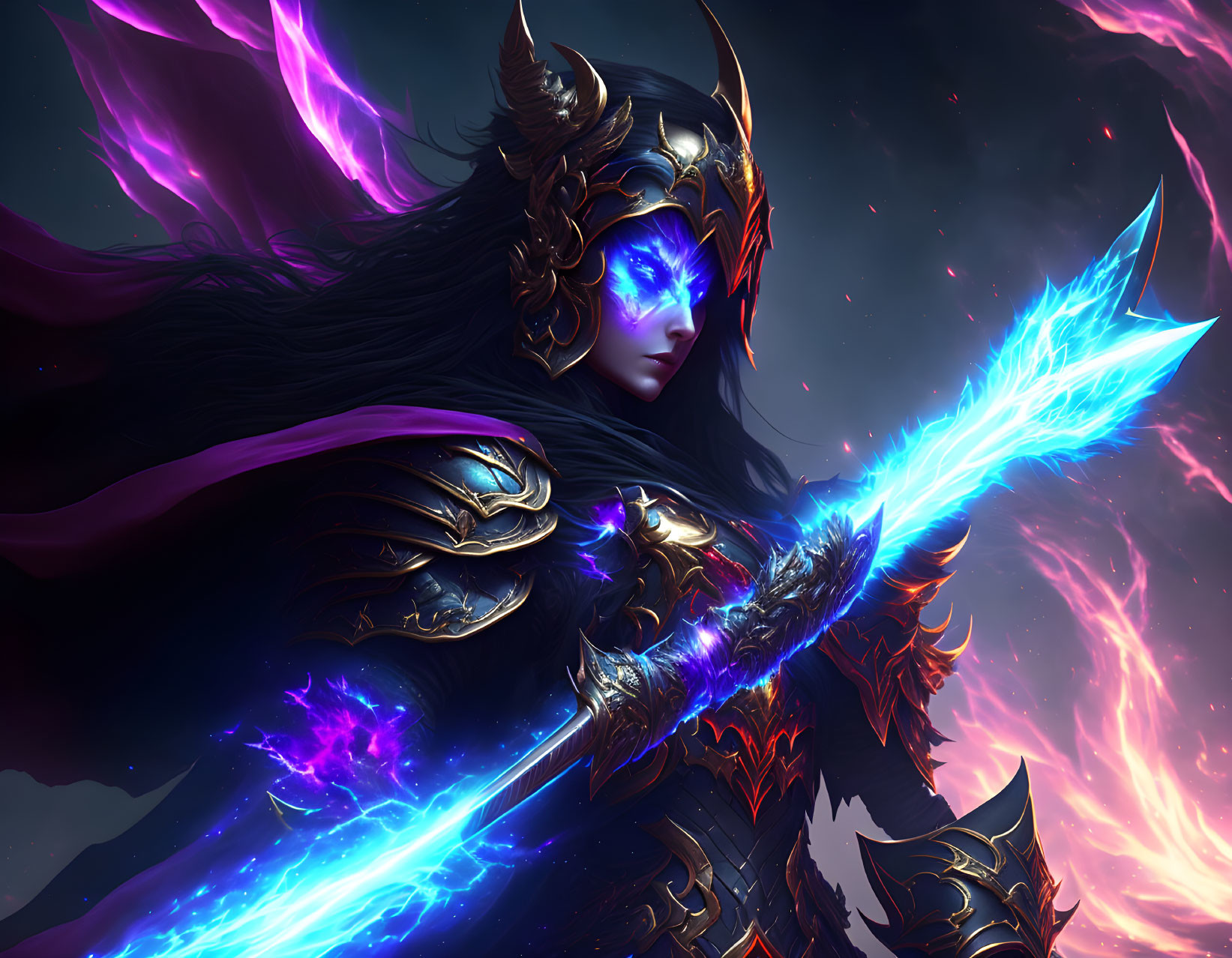 Fantasy warrior in dark armor wields blue energy spear