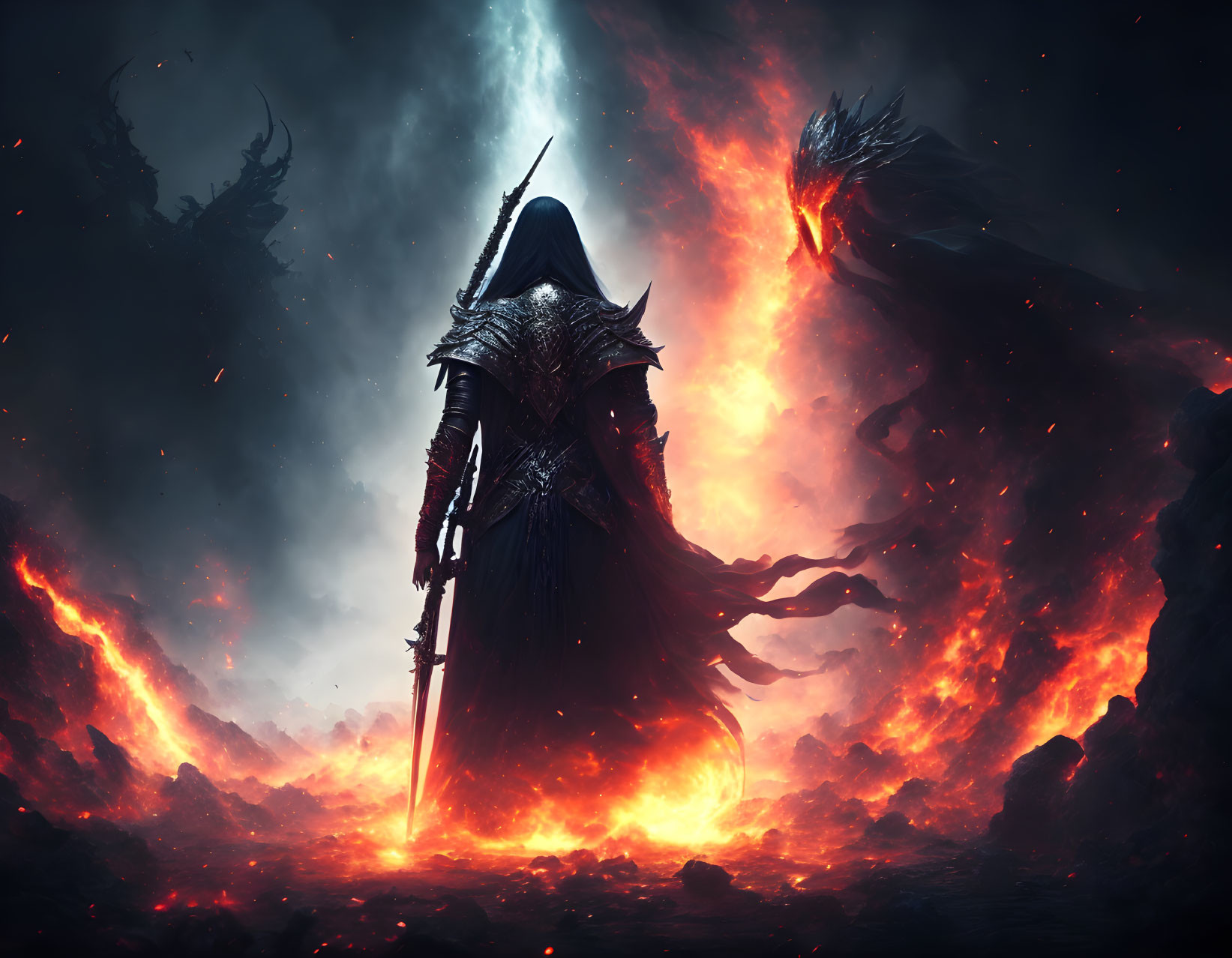 Cloaked figure with sword in fiery fantasy landscape