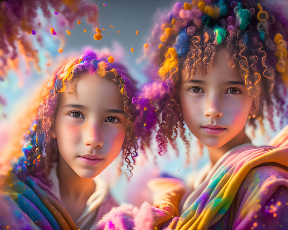 Curly-haired children in colorful powder explosion