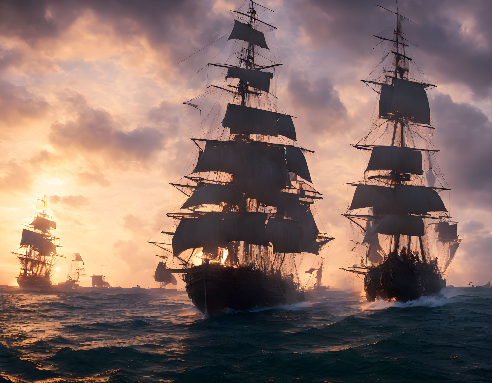 Majestic tall ships sailing through rough seas at sunset