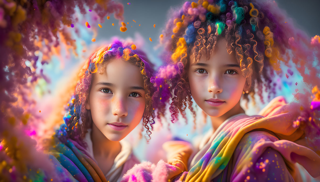 Curly-haired children in colorful powder explosion