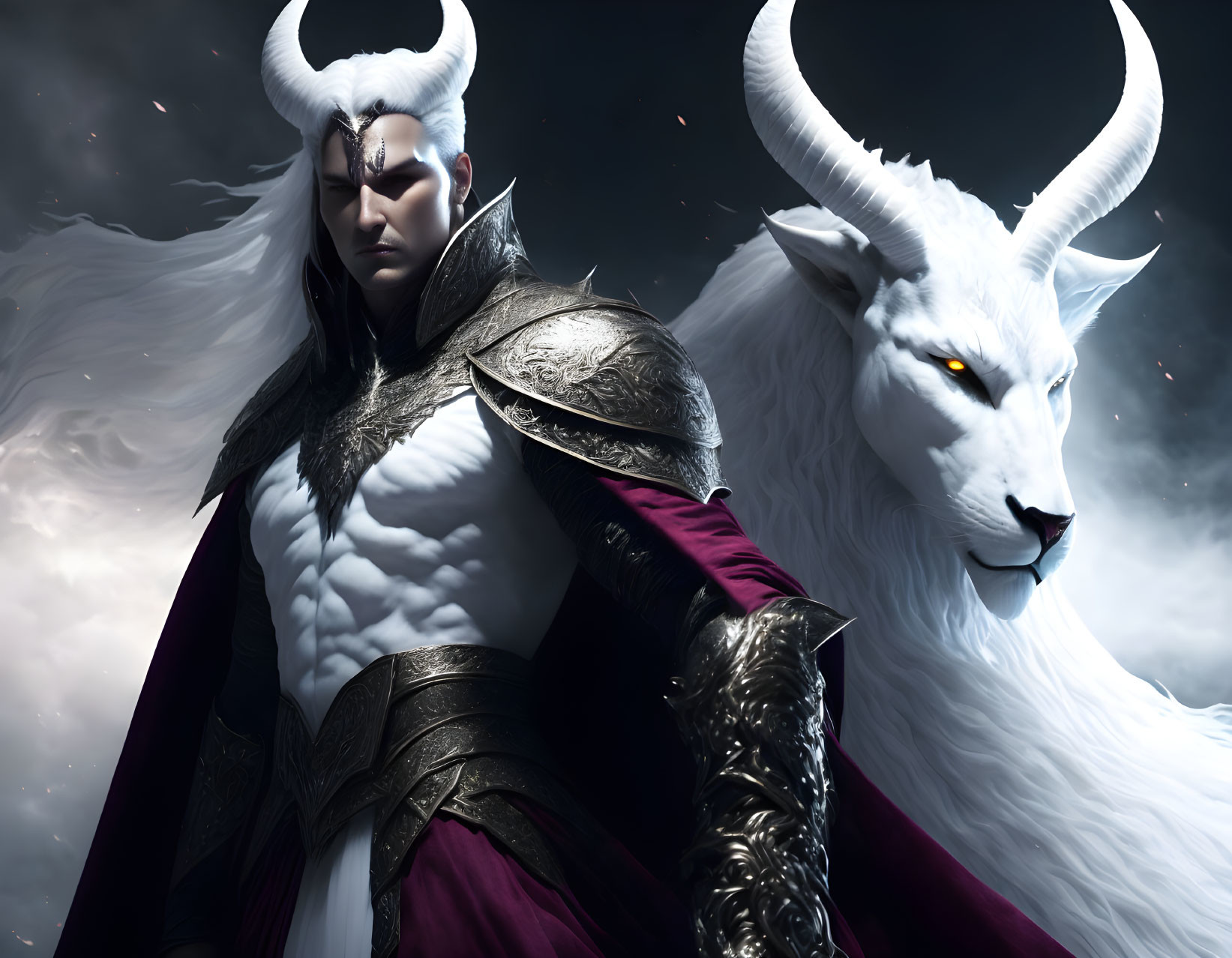 Fantasy illustration of armored figure with white horns and giant white horned goat under cloudy night sky