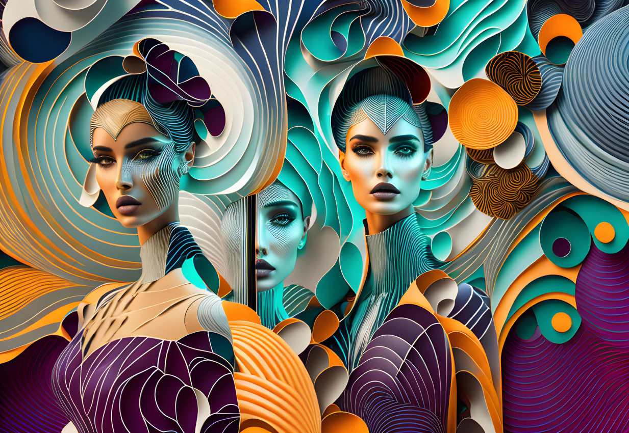 Colorful Digital Artwork: Stylized Women with Wave and Spiral Patterns