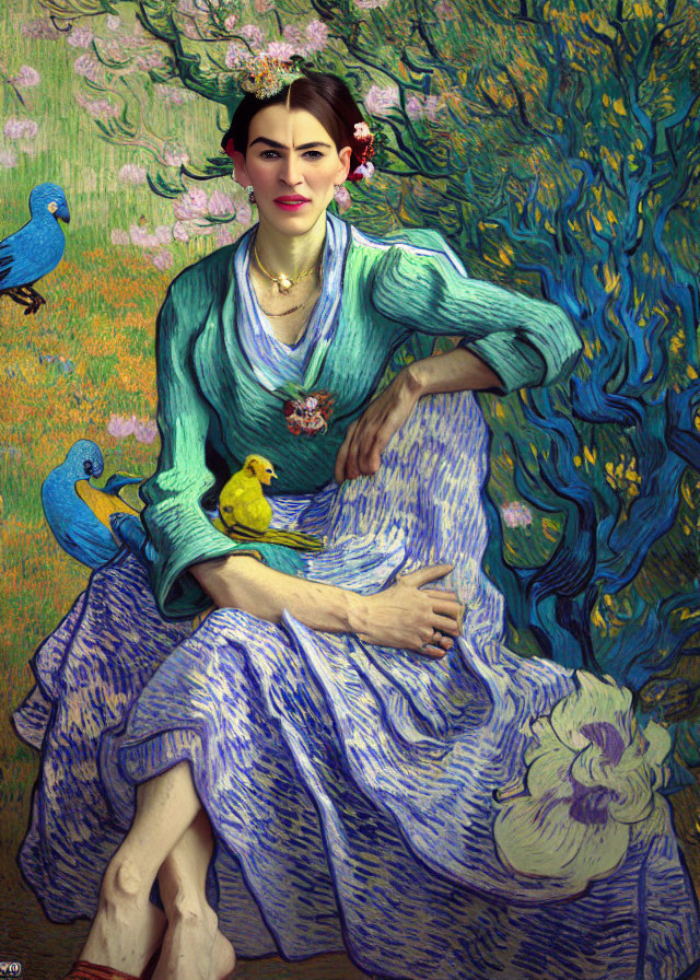 Woman in Blue Dress Surrounded by Colorful Birds in Van Gogh-style Background