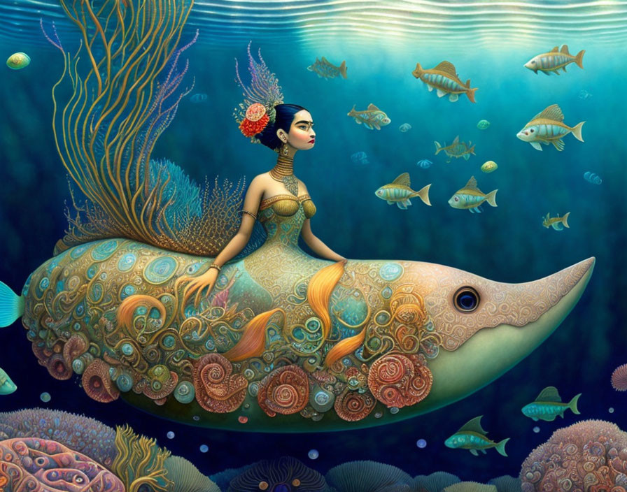 Illustration of woman with intricate headwear on fish in surreal underwater setting