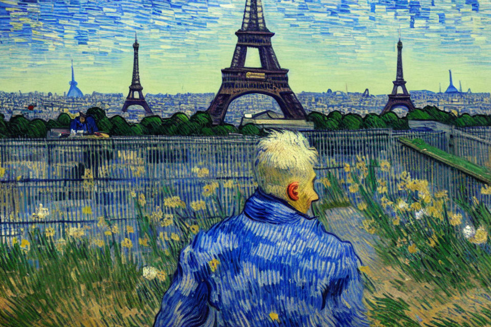 Man in Blue Coat Admiring Eiffel Tower Painting with Starry Sky
