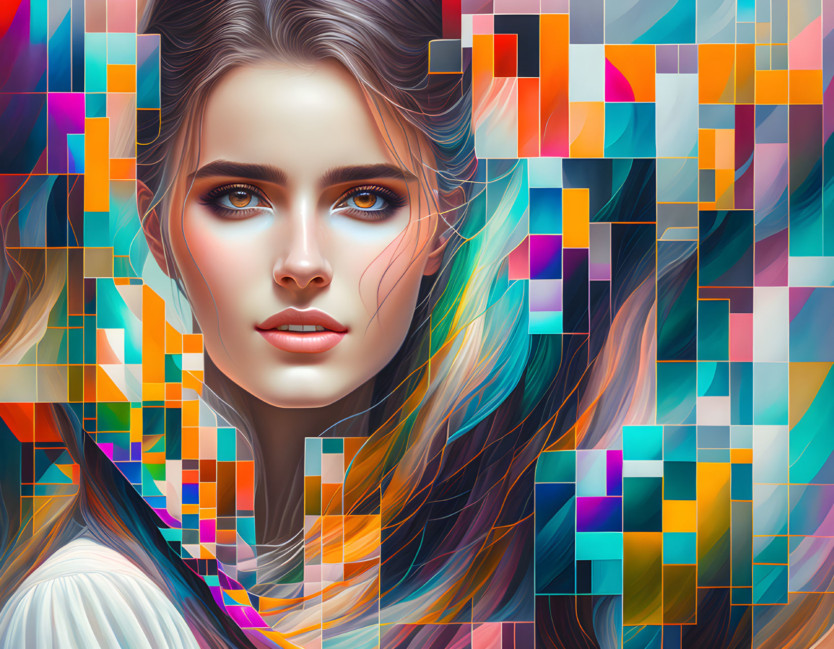 Thoughtful girl in multicolor grid