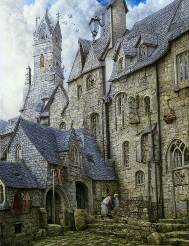 Medieval stone castle with towers, cobbled courtyard, flying birds, and a couple talking.