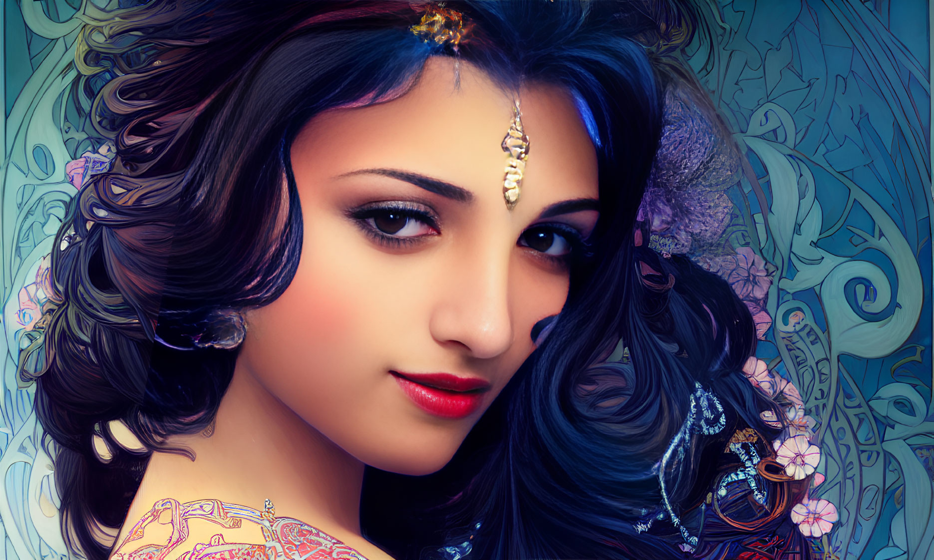 Vibrant digital artwork of a serene woman with ornate jewelry and floral patterns