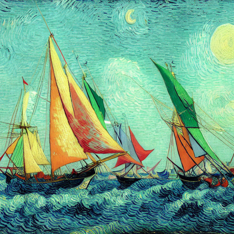 Vibrant sailboats on swirling blue sea and starry sky