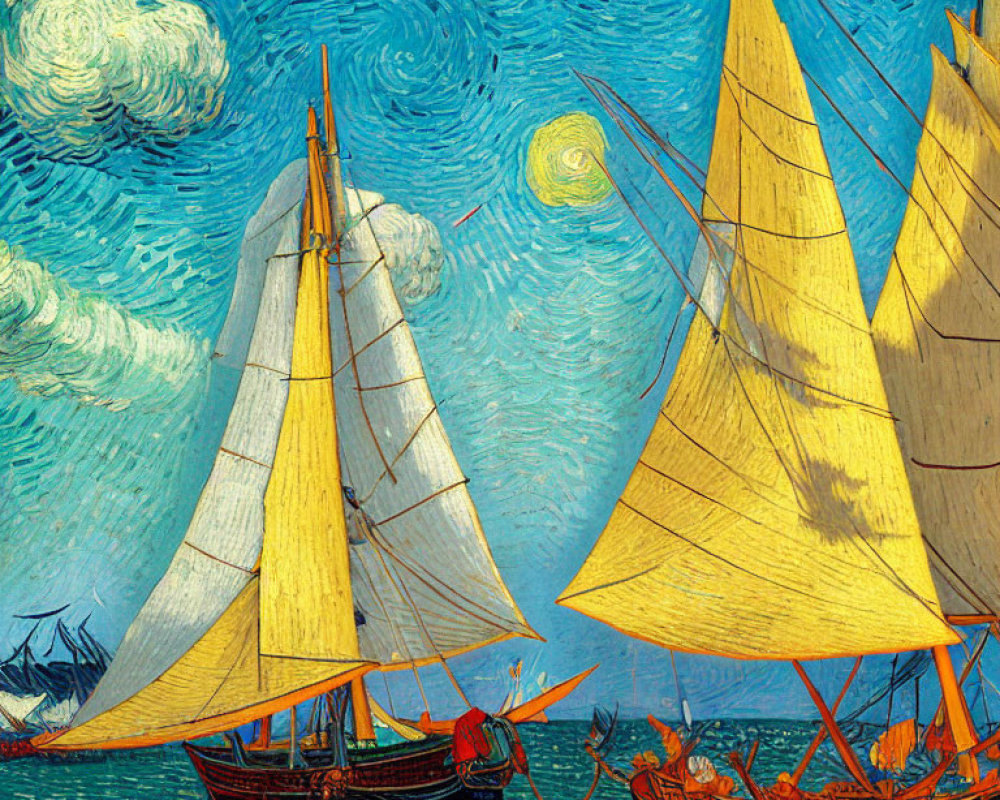Yellow Sailing Ships on Sea with Starry Night Style Sky