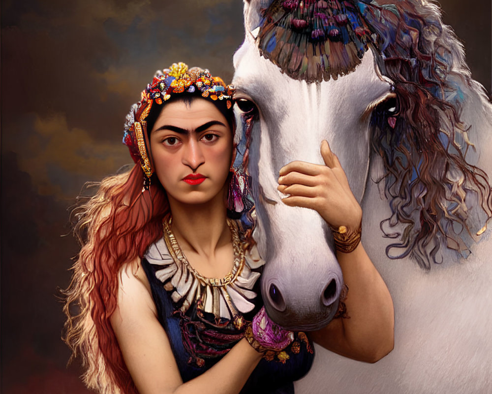 Woman in traditional attire embraces white horse against moody background