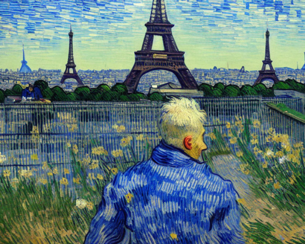 Man in Blue Coat Admiring Eiffel Tower Painting with Starry Sky