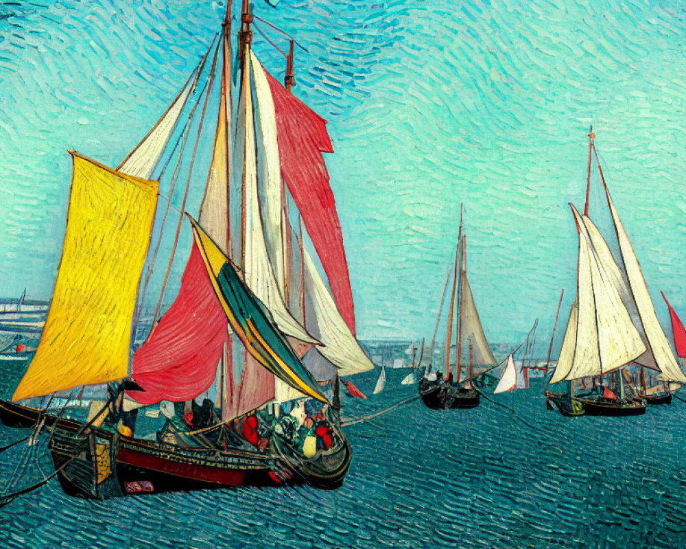 Colorful Vintage Sailboats Painting on Textured Blue Sea with Bridge