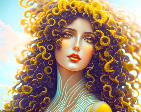 Digital Art Portrait: Woman with Golden Curly Hair, Porcelain Skin, Red Lips, Serene