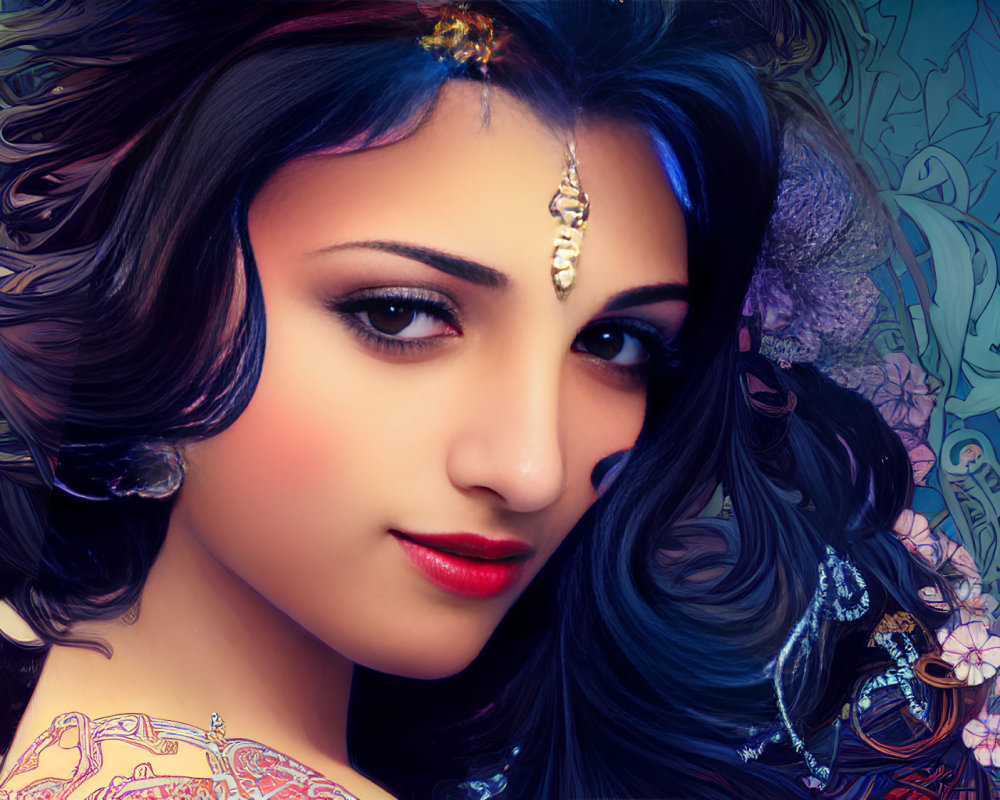 Vibrant digital artwork of a serene woman with ornate jewelry and floral patterns