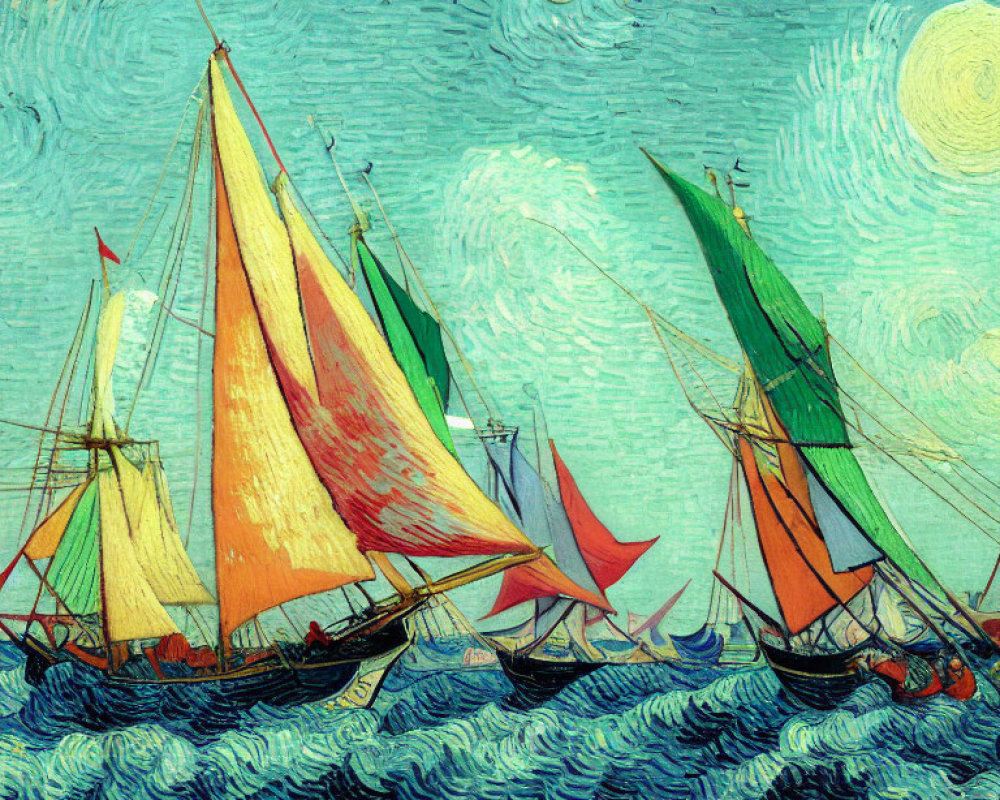 Vibrant sailboats on swirling blue sea and starry sky