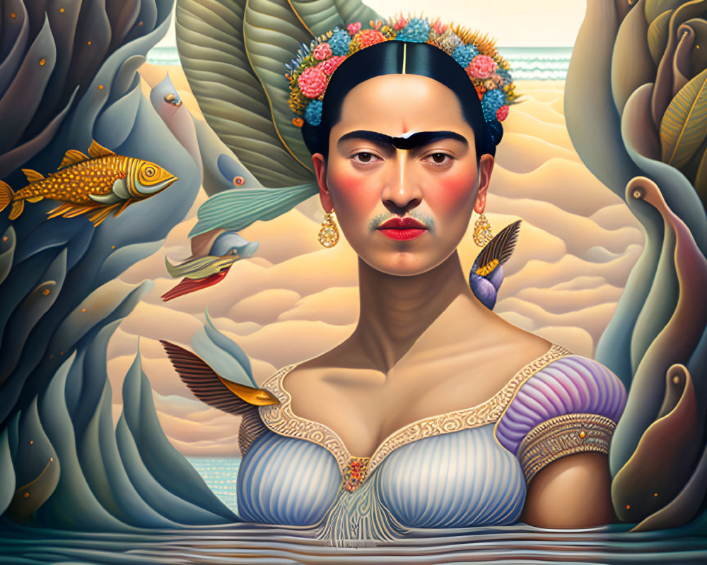 Portrait of woman with unibrow, floral headpiece, and marine life in surreal landscape