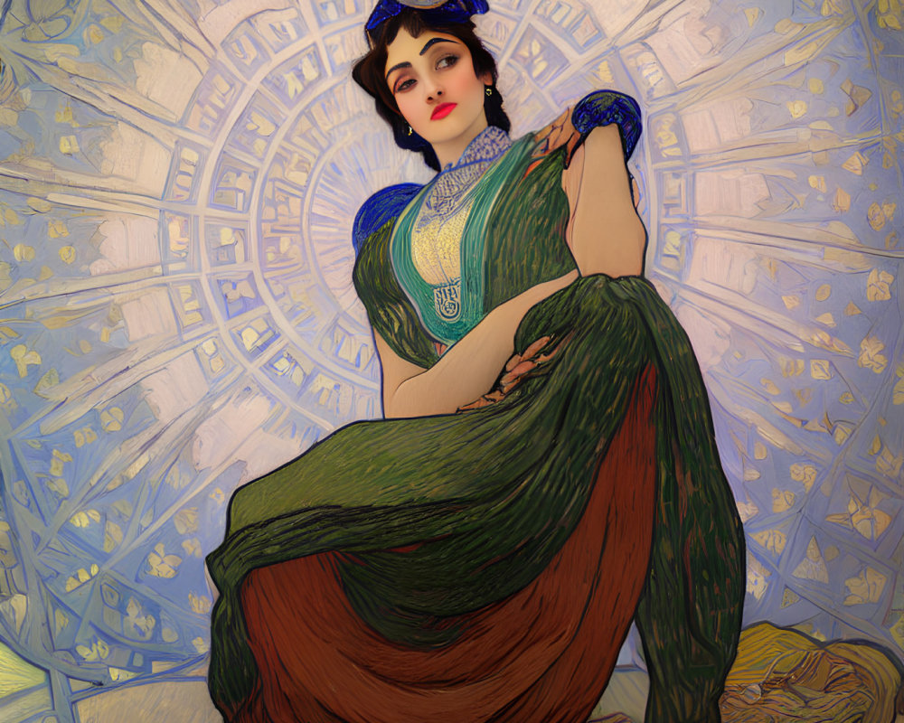 Elegant woman in art nouveau style with green dress and floral hat