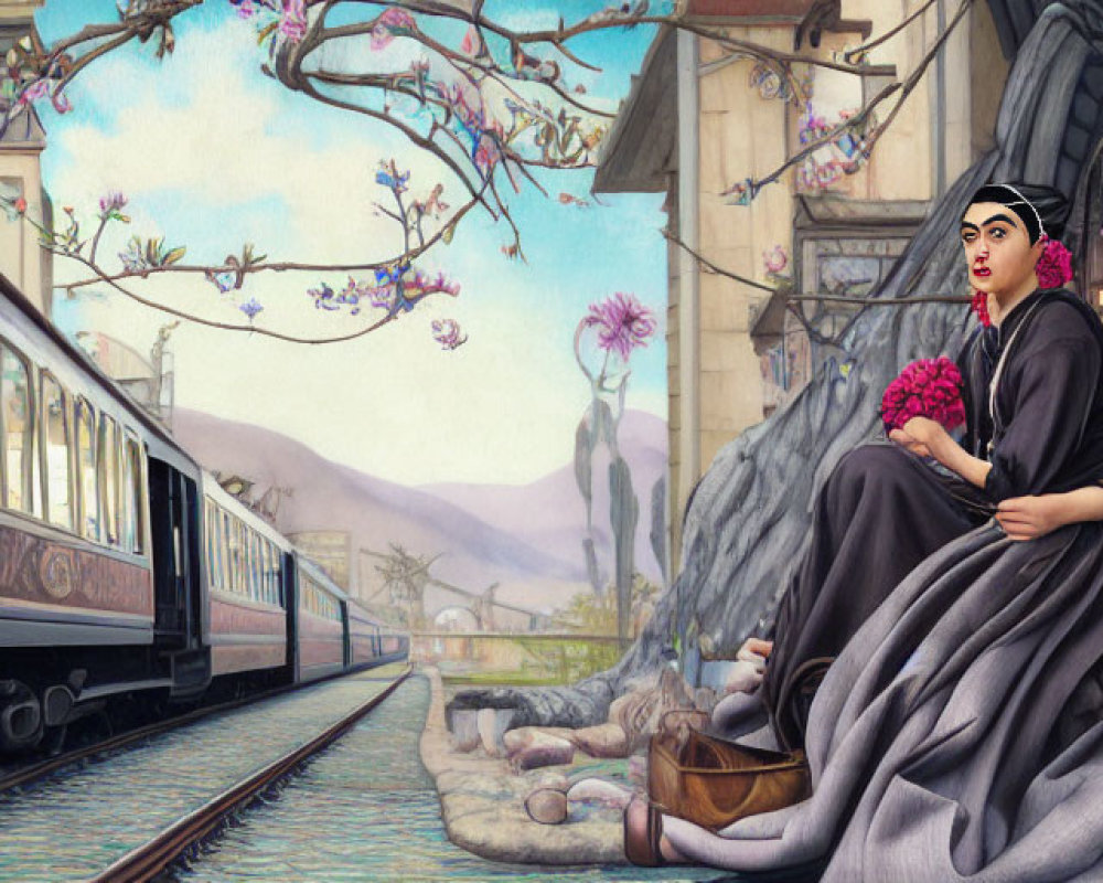 Stylized painting of woman with bouquet by train tracks