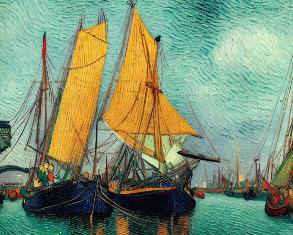 Vibrant Impressionist painting of sailboats in swirling sea