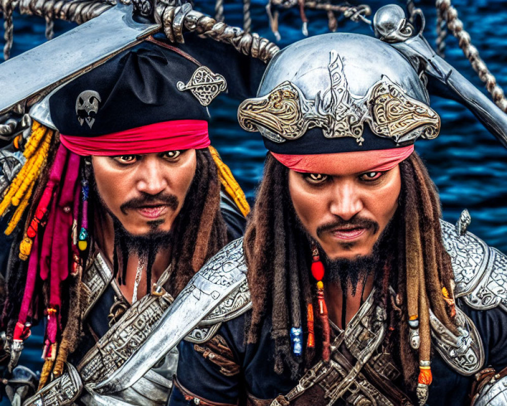 Two people in pirate costumes posing with ship rigging backdrop.