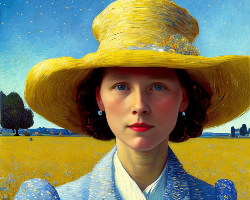 Fair-skinned girl in yellow straw hat under starry sky and wheat field.