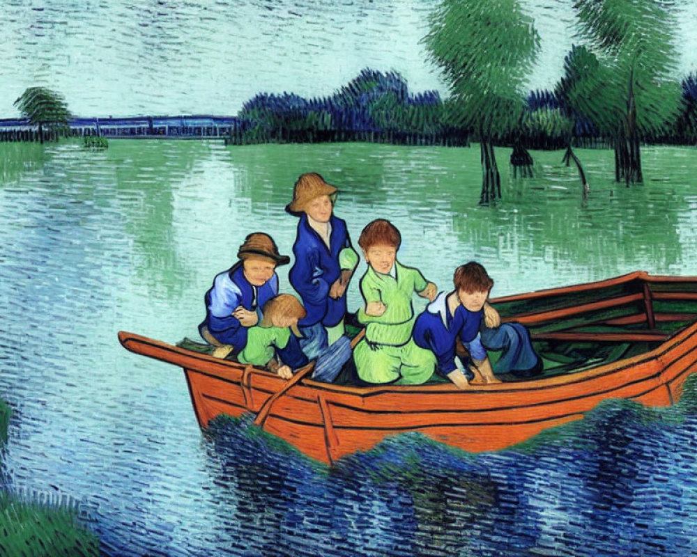 Five children in boat amidst greenery with Van Gogh-inspired brushwork