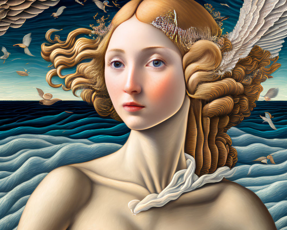 Surreal portrait of woman with golden hair, wings, birds, and waves