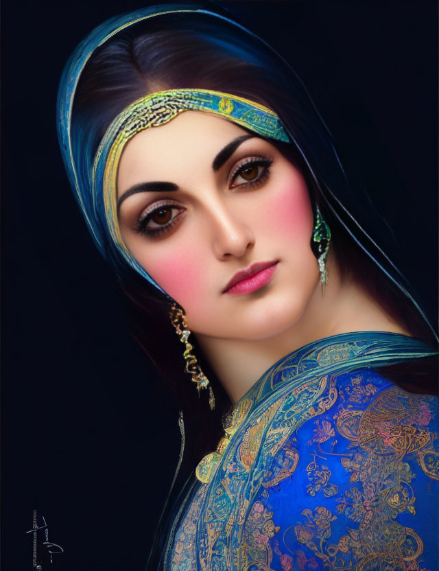 Woman portrait with adorned headgear and striking eyes in blue garment on dark background