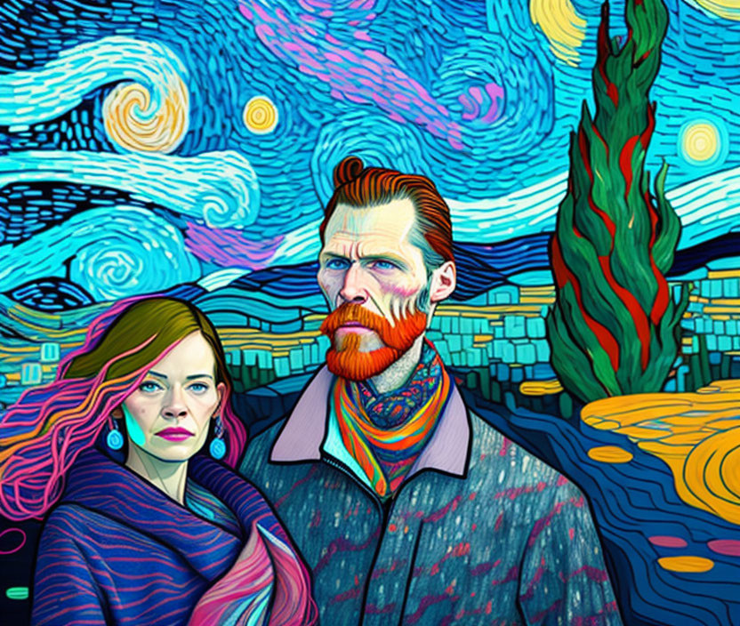 Stylized portrait of man and woman with swirling skies and vibrant colors