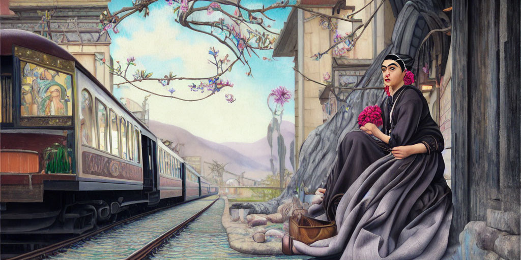 Stylized painting of woman with bouquet by train tracks