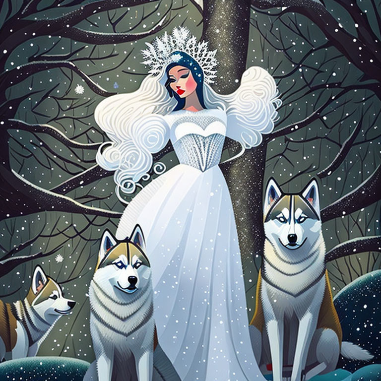 Snow princess with dogs