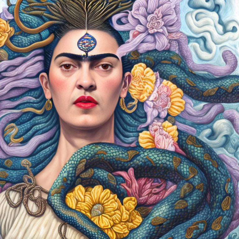 Vibrant portrait of a woman with a unibrow and third eye