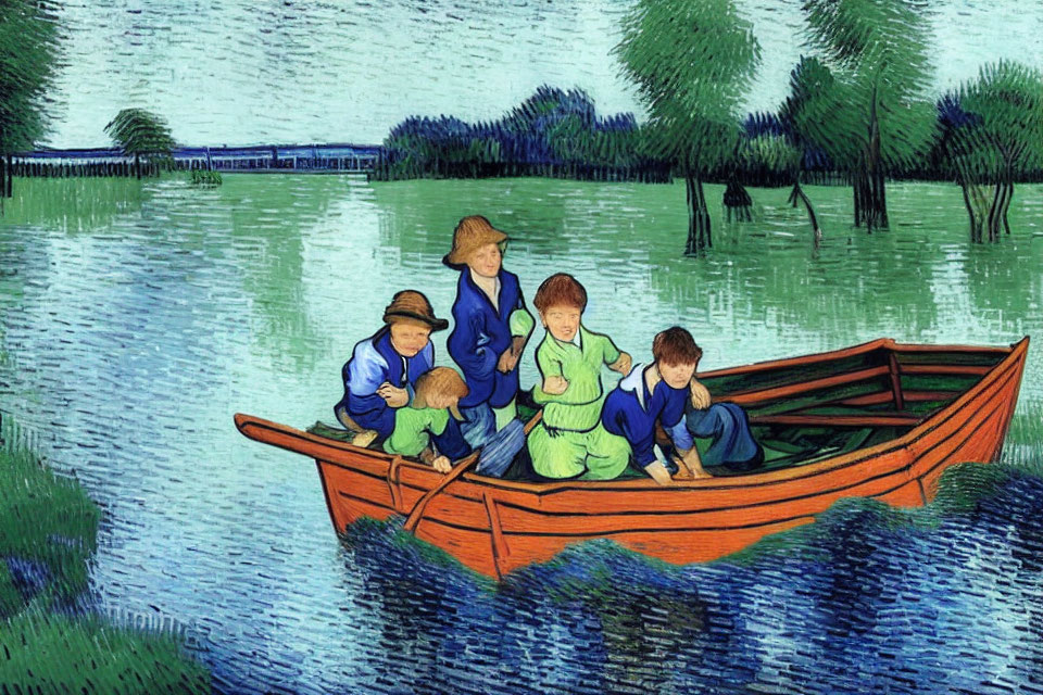 Five children in boat amidst greenery with Van Gogh-inspired brushwork