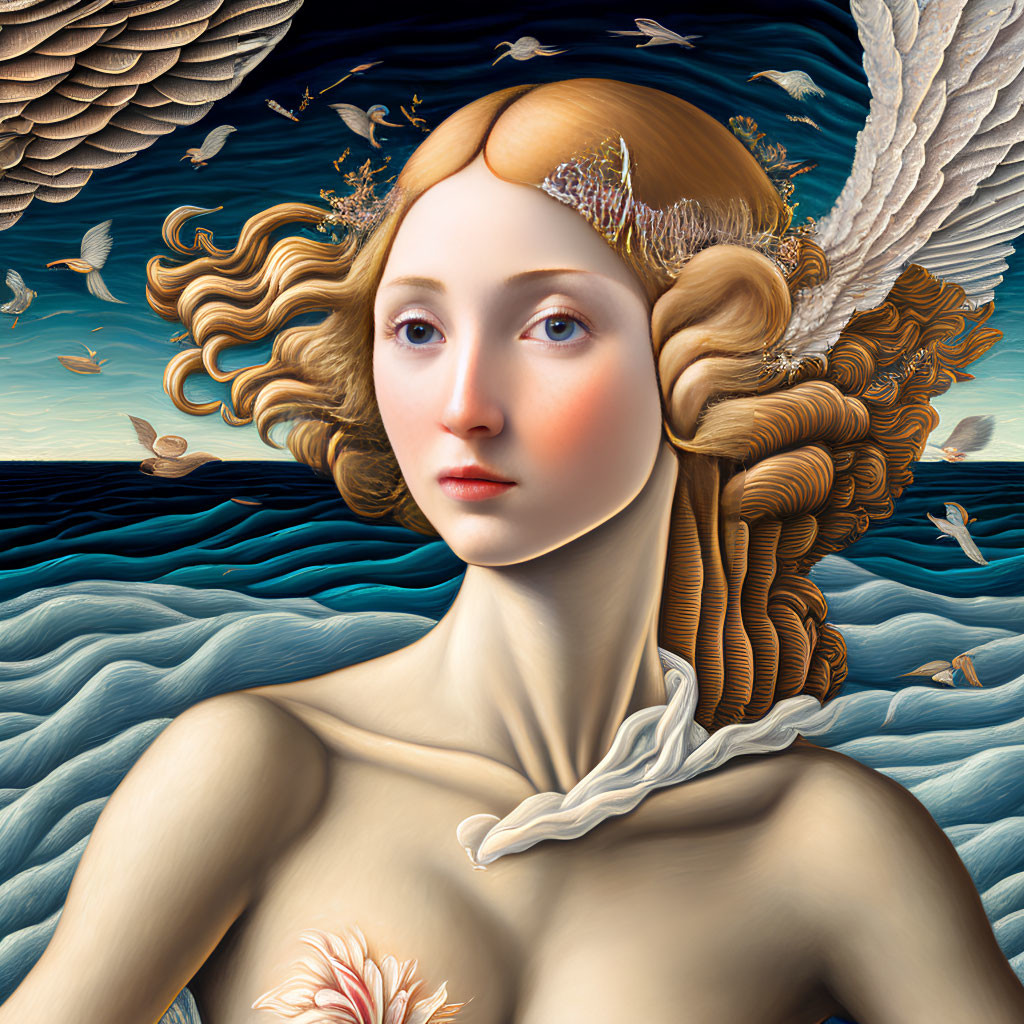 Surreal portrait of woman with golden hair, wings, birds, and waves
