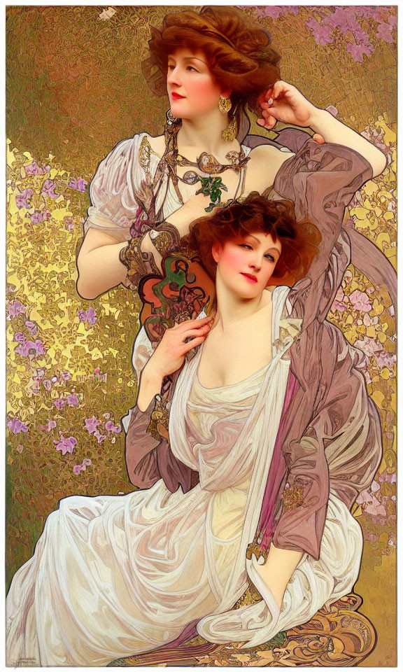 Art Nouveau illustration of two elegant women in flowing gowns with floral accents