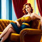 Stylized illustration of woman with red hair and freckles in period clothing on yellow chair with